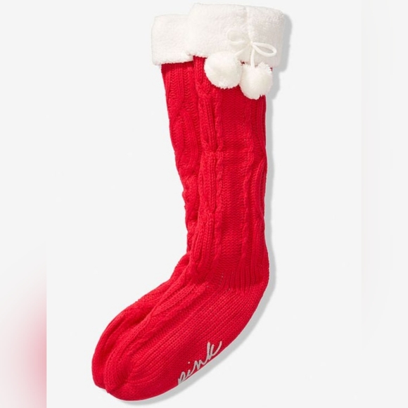 PINK Victoria's Secret Accessories - PINK Victoria Secret Cozy Sherpa Lined Red Knee High Christmas Slipper Socks